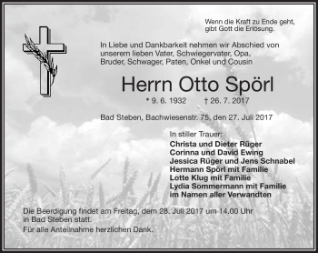 Traueranzeige von Otto Spörl von Frankenpost
