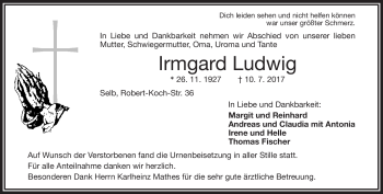 Traueranzeige von Irmgard Ludwig von Frankenpost