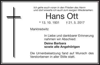 Traueranzeige von Hans Ott von Frankenpost
