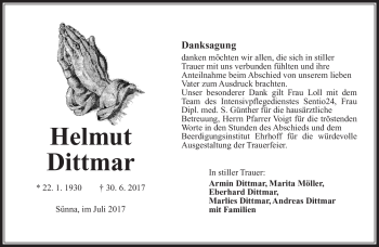Traueranzeige von Helmut Dittmar von Südthüringer Presse