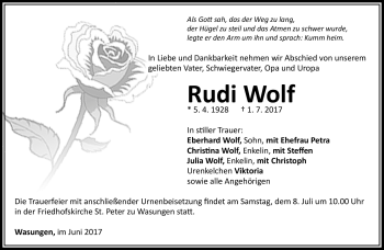 Traueranzeige von Rudi Wolf von Südthüringer Presse