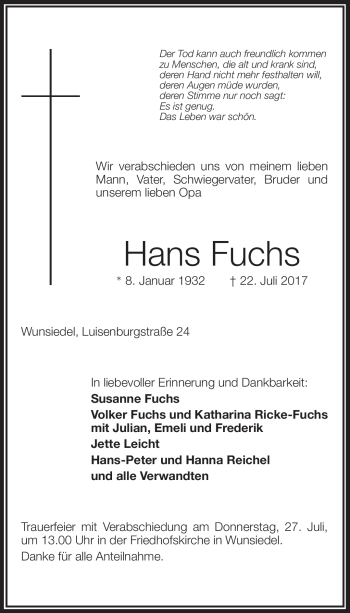 Traueranzeige von Hans Fuchs von Frankenpost