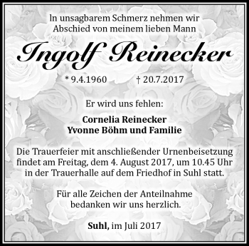 Traueranzeige von Ingolf Reinecker von Südthüringer Presse