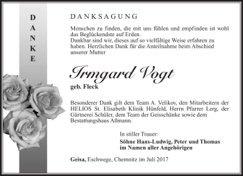 Traueranzeige von Irmgard Vogt von Südthüringer Presse