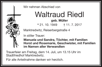 Traueranzeige von Waltraud Riedl von Frankenpost