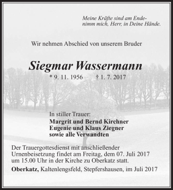 Traueranzeige von Siegmar Wassermann von Südthüringer Presse
