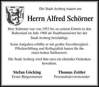 Traueranzeige von Alfred Schörner von Frankenpost
