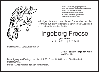 Traueranzeige von Ingeborg Freese von Frankenpost