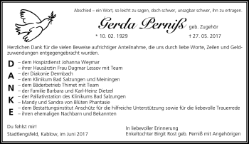 Traueranzeige von Gerda Perniß von Südthüringer Presse
