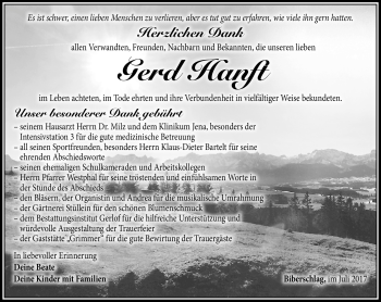 Traueranzeige von Gerd Hanft von Südthüringer Presse