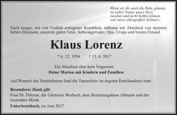 Traueranzeige von Klaus Lorenz von Südthüringer Presse