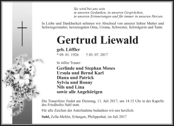 Traueranzeige von Gertrud Liewald von Südthüringer Presse