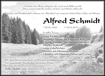 Traueranzeige von Alfred Schmidt von Südthüringer Presse