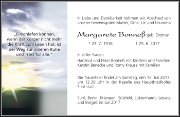 Traueranzeige von Margarete Bonneß von Südthüringer Presse