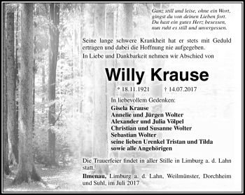 Traueranzeige von Willy Krause von Südthüringer Presse