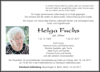 Traueranzeige von Helga Fuchs von Südthüringer Presse