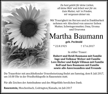 Traueranzeige von Martha Baumann von Südthüringer Presse