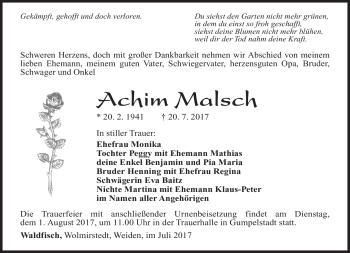 Traueranzeige von Achim Malsch von Südthüringer Presse