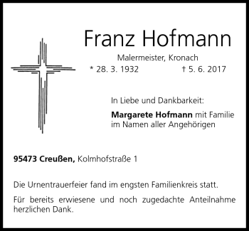 Traueranzeige von Franz Hofmann von Neue Presse Coburg