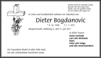 Traueranzeige von Dieter Bogdanovic von Frankenpost