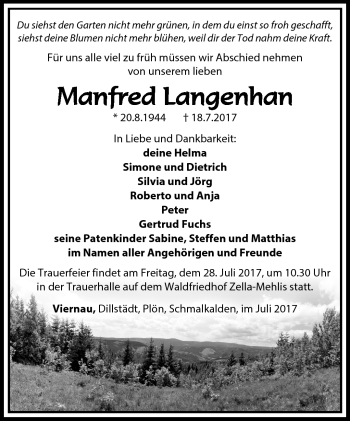 Traueranzeige von Manfred Langenhan von Südthüringer Presse