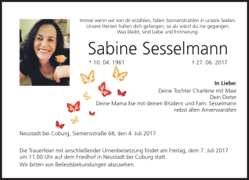 Traueranzeige von Sabine Sesselmann von Neue Presse Coburg