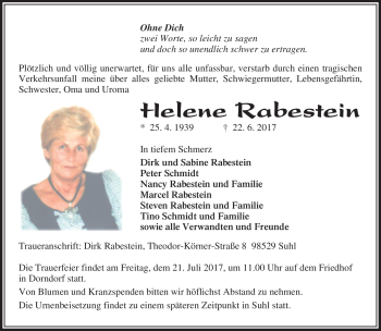 Traueranzeige von Helene Rabestein von Südthüringer Presse