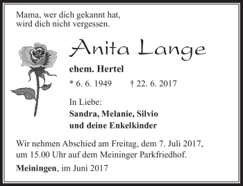 Traueranzeige von Anita Lange von Südthüringer Presse