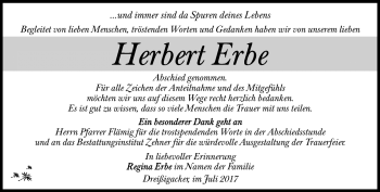 Traueranzeige von Herbert Erbe von Südthüringer Presse