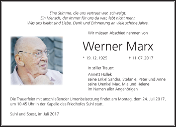 Traueranzeige von Werner Marx von Südthüringer Presse
