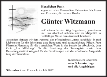 Traueranzeige von Günter Witzmann von Südthüringer Presse