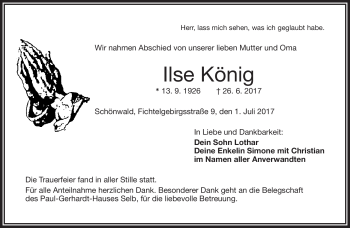 Traueranzeige von Ilse König von Frankenpost