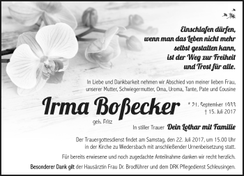 Traueranzeige von Irma Boßecker von Südthüringer Presse