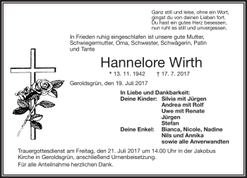 Traueranzeige von Hannelore Wirth von Frankenpost