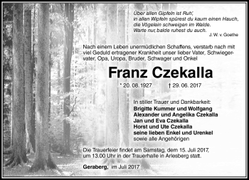 Traueranzeige von Franz Czekalla von Südthüringer Presse