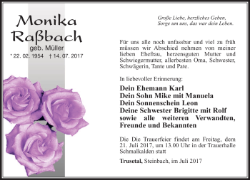 Traueranzeige von Monika Raßbach von Südthüringer Presse
