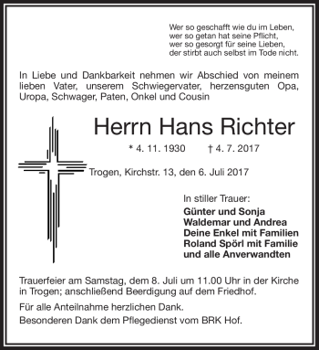 Traueranzeige von Hans Richter von Frankenpost