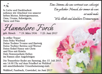Traueranzeige von Hannelore Forch von Südthüringer Presse