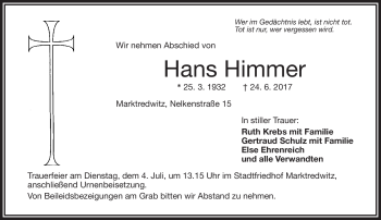 Traueranzeige von Hans Himmer von Frankenpost