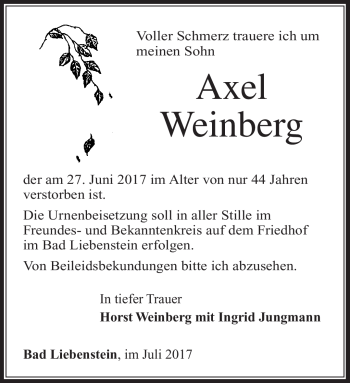 Traueranzeige von Axel Weinberg von Südthüringer Presse