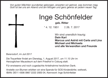 Traueranzeige von Inge Schönfelder von Neue Presse Coburg