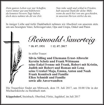 Traueranzeige von Reinwald Sauerteig von Südthüringer Presse