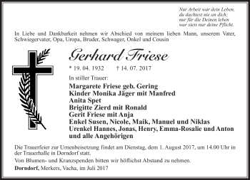 Traueranzeige von Gerhard Friese von Südthüringer Presse