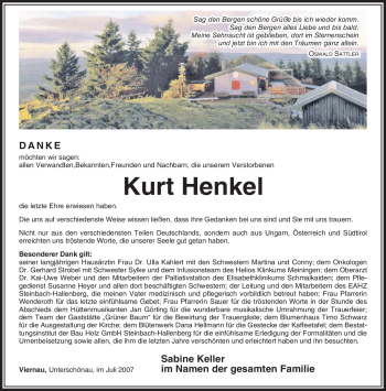 Traueranzeige von Kurt Henkel von Südthüringer Presse
