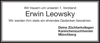 Traueranzeige von Erwin Leowsky von Frankenpost