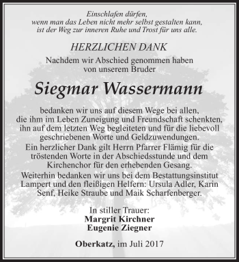 Traueranzeige von Siegmar Wassermann von Südthüringer Presse