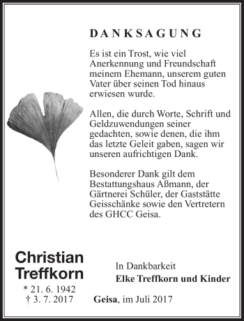 Traueranzeige von Christian Treffkorn von Südthüringer Presse