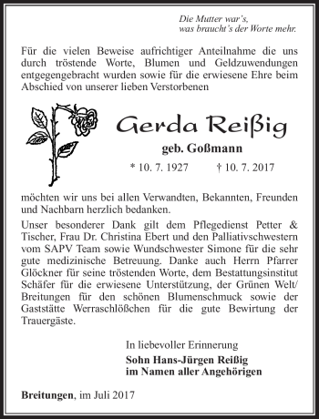 Traueranzeige von Gerda Reißig von Südthüringer Presse