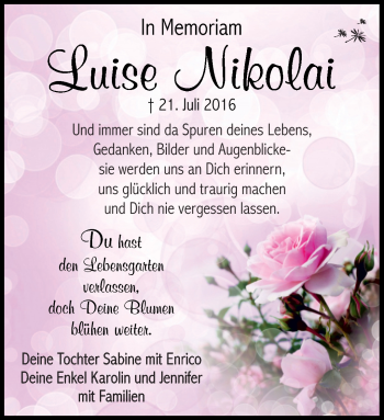 Traueranzeige von Luise Nikolai von Südthüringer Presse