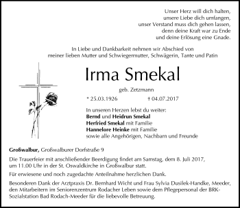Traueranzeige von Irma Smekal von Neue Presse Coburg